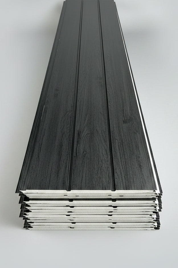 Metal siding in Black wood finish 