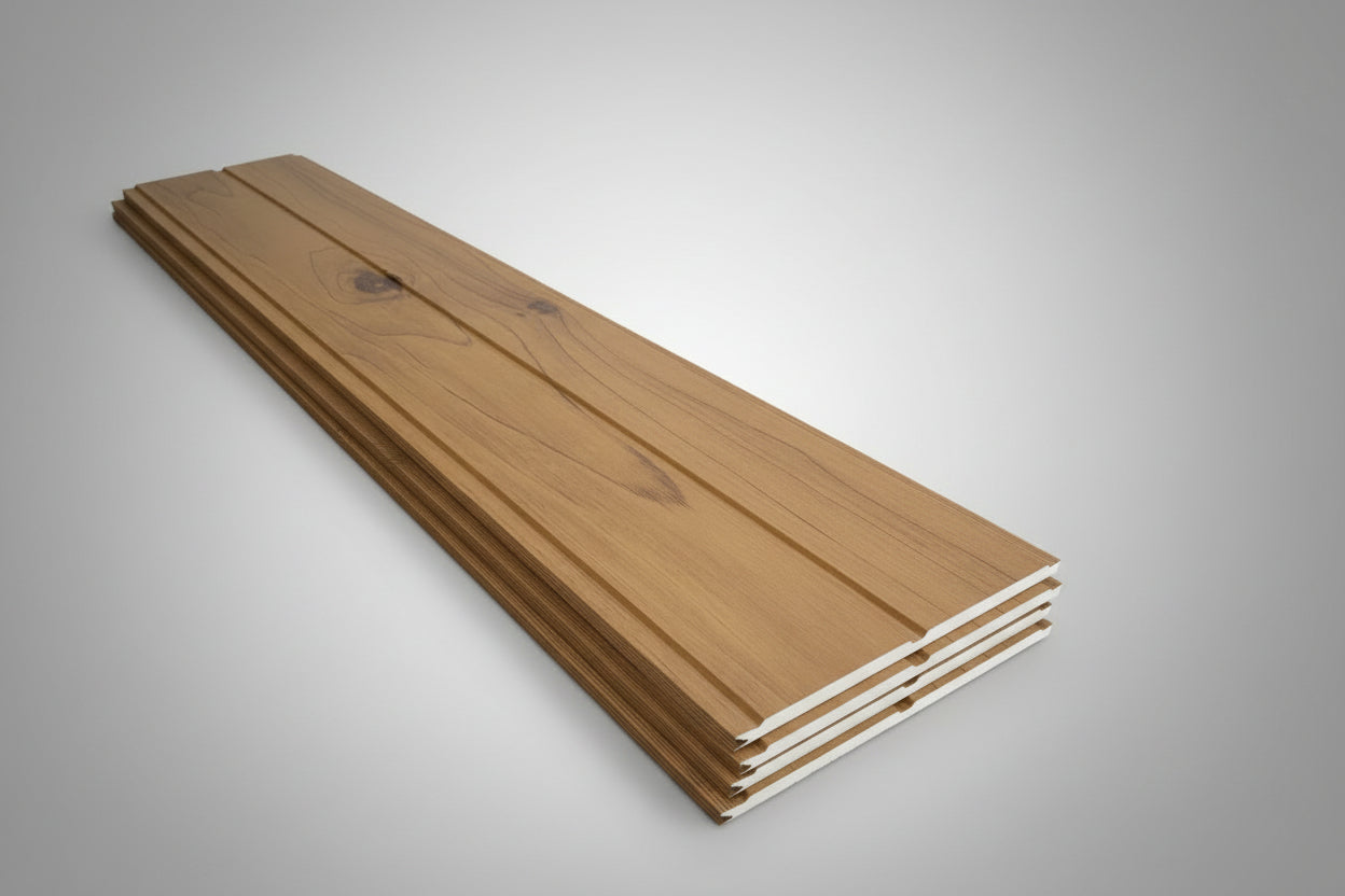 Metal siding panel in wood finish 